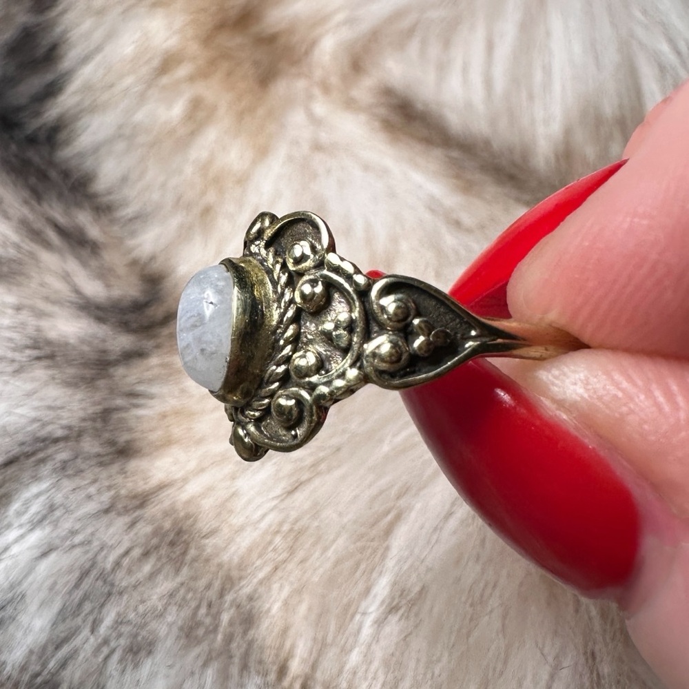 Solid Brass Filigree Moonstone Solitaire Ring - image 6